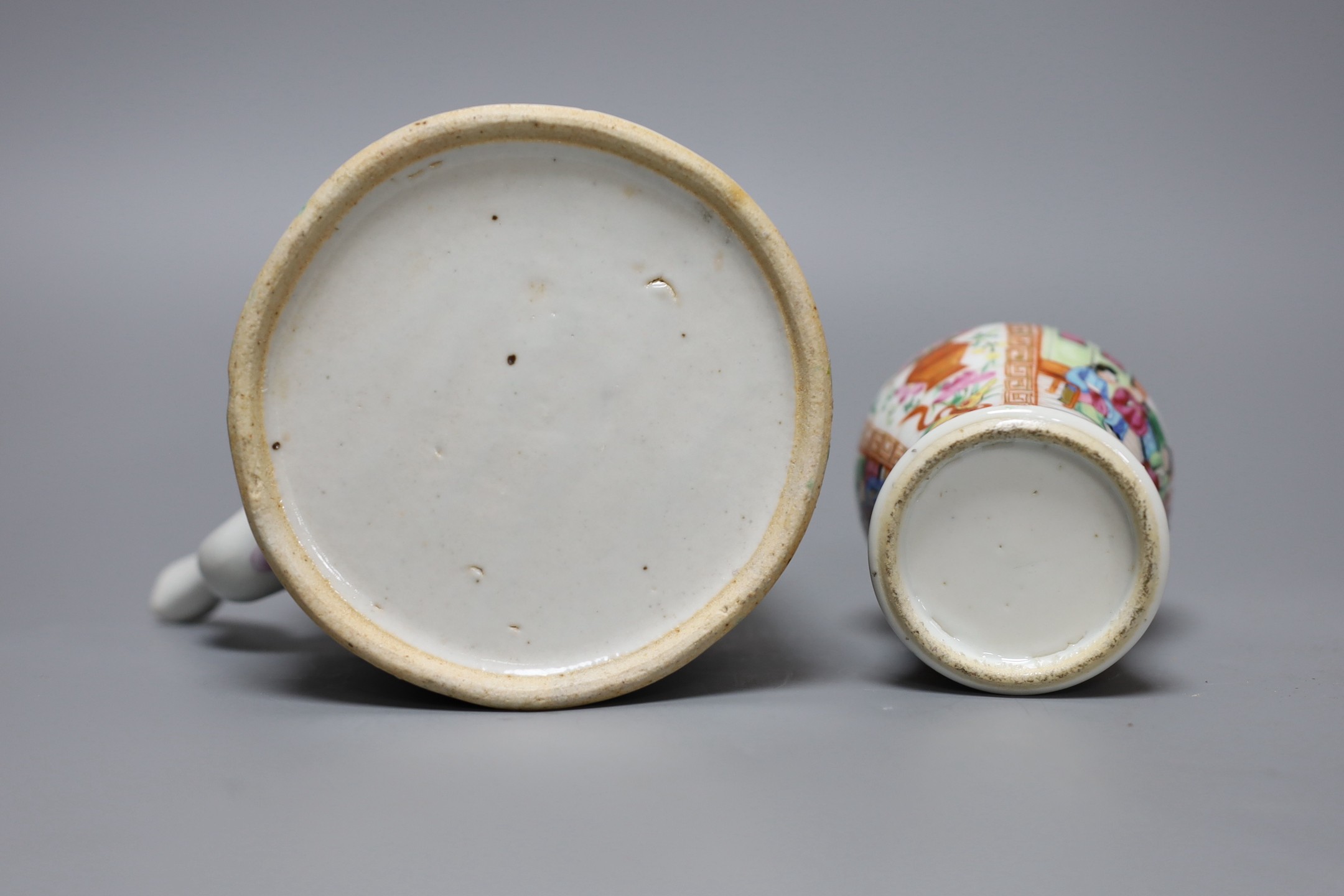Three Chinese famille rose vases and a teapot, late 19th/early 20th century, tallest vase 29.5 cms high